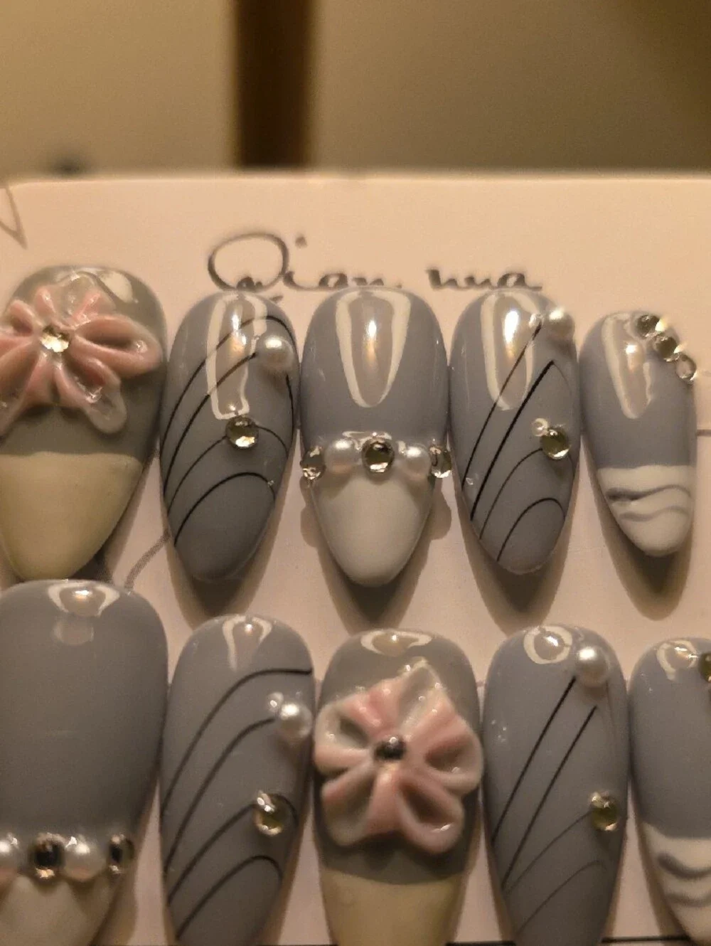 Gray & White Floral Pearl Accent Press-On Nails